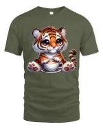 Cute Tiger Coffee Lover Funny Animal Graphic T Shirt Design - military green t-shirt on white background