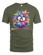 Colorful Fluffy Owl Cartoon Art Cute Animal Graphic T Shirt - military green t-shirt on white background