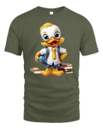 Cute Smart Duck Student Cartoon Illustration Funny Graphic T Shirt - military green t-shirt on white background