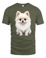 Adorable Fluffy Pomeranian Puppy Illustration Cute Graphic T Shirt - military green t-shirt on white background