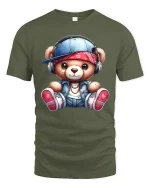 Cute Hip Hop Teddy Bear T Shirt With Headphones Street Style - military green t-shirt on white background