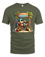 Hello Summer Cute Turtle T Shirt With Tropical Hammock Art - military green t-shirt on white background