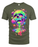Psychedelic Cosmic Skull Graphic T Shirt With Trippy Galaxy Art - military green t-shirt on white background