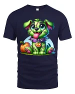 Cute Zombie Puppy Halloween T Shirt With Stitched Monster Dog Art - navy t-shirt on white background