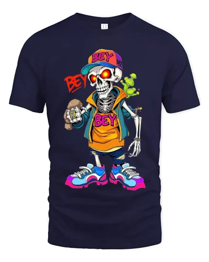 Funny Street Skeleton BEY Graphic T Shirt With Urban Style - navy t-shirt on white background