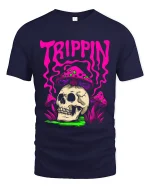 Trippin Skull Mushroom Psychedelic Graphic T Shirt Art - navy t-shirt on white background