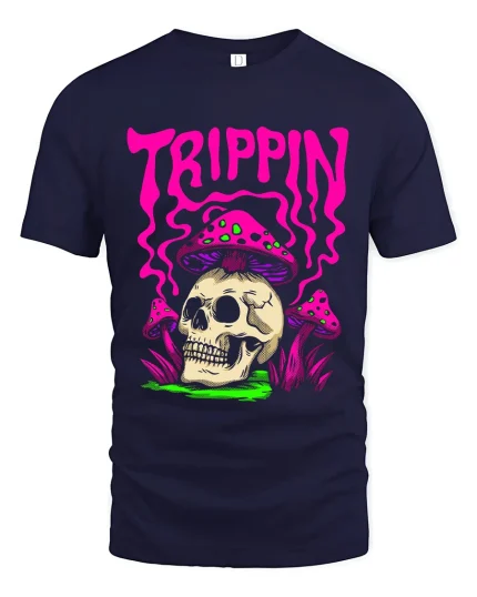 Trippin Skull Mushroom Psychedelic Graphic T Shirt Art - navy t-shirt on white background