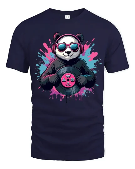 Cool Panda DJ Vinyl Graphic T Shirt With Music Vibes - navy t-shirt on white background
