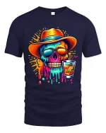 Colorful Summer Skull Cocktail Graphic T Shirt With Chill Vibes - navy t-shirt on white background