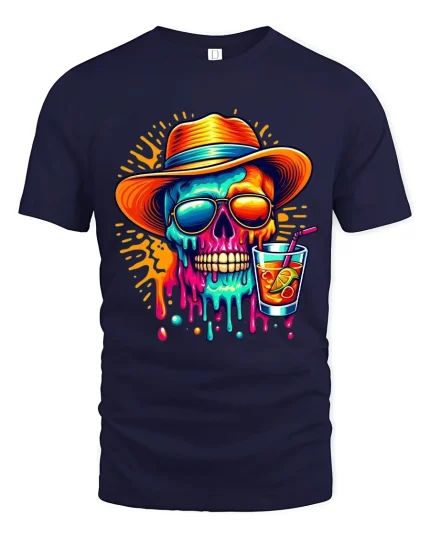 Colorful Summer Skull Cocktail Graphic T Shirt With Chill Vibes - navy t-shirt on white background