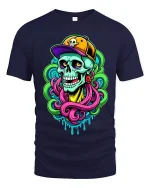 Neon Street Skull Graphic T Shirt With Bold Urban Art Vibes - navy t-shirt on white background