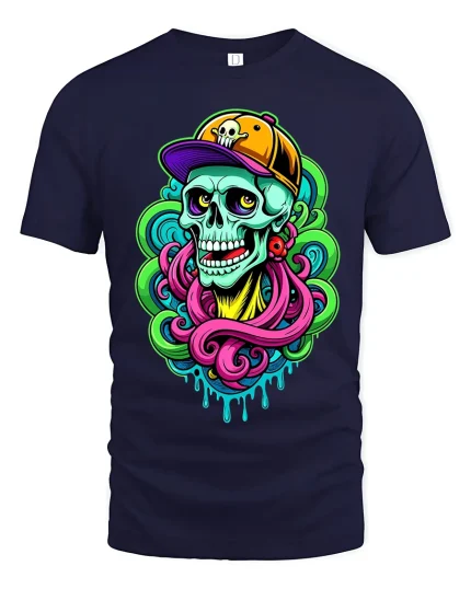 Neon Street Skull Graphic T Shirt With Bold Urban Art Vibes - navy t-shirt on white background