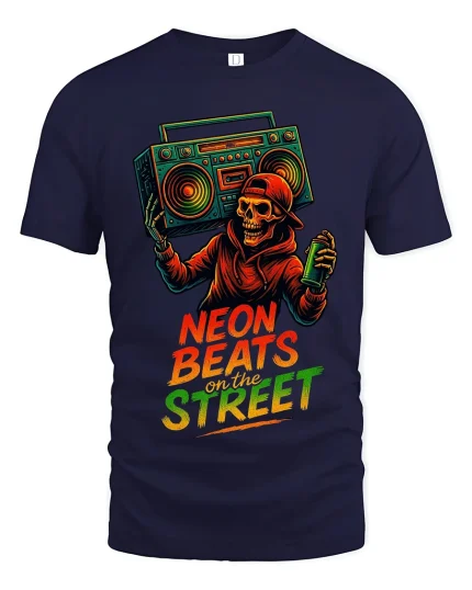 Neon Beats On The Street Skeleton Graphic T Shirt Street Art - navy t-shirt on white background