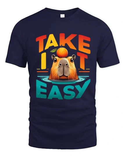 Take It Easy Capybara Relaxed Funny Graphic T Shirt Design - navy t-shirt on white background