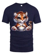 Cute Tiger Coffee Lover Funny Animal Graphic T Shirt Design - navy t-shirt on white background