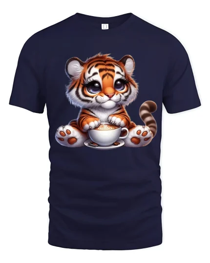 Cute Tiger Coffee Lover Funny Animal Graphic T Shirt Design - navy t-shirt on white background