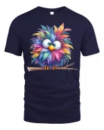 Colorful Fluffy Owl Cartoon Art Cute Animal Graphic T Shirt - navy t-shirt on white background