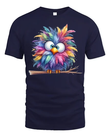 Colorful Fluffy Owl Cartoon Art Cute Animal Graphic T Shirt - navy t-shirt on white background