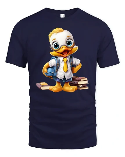 Cute Smart Duck Student Cartoon Illustration Funny Graphic T Shirt - navy t-shirt on white background