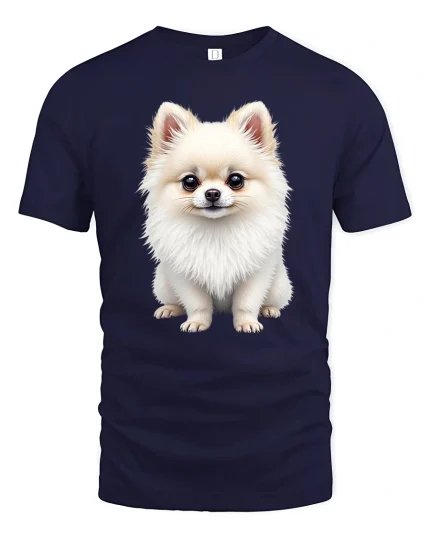 Adorable Fluffy Pomeranian Puppy Illustration Cute Graphic T Shirt - navy t-shirt on white background