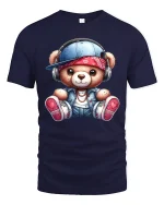 Cute Hip Hop Teddy Bear T Shirt With Headphones Street Style - navy t-shirt on white background