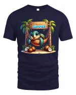 Hello Summer Cute Turtle T Shirt With Tropical Hammock Art - navy t-shirt on white background