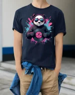 Cool Panda DJ Vinyl Graphic T Shirt With Music Vibes - model wearing navy tee with hands in pockets