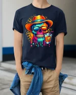 Colorful Summer Skull Cocktail Graphic T Shirt With Chill Vibes - model wearing navy tee with hands in pockets