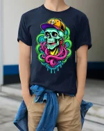 Neon Street Skull Graphic T Shirt With Bold Urban Art Vibes - model wearing navy tee with hands in pockets