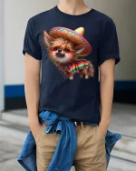 Cute Sombrero Dog Graphic T Shirt With Colorful Fiesta Style - model wearing navy tee with hands in pockets
