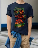 Neon Beats On The Street Skeleton Graphic T Shirt Street Art - model wearing navy tee with hands in pockets