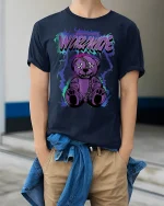 Purple Worrmude Teddy Horror T Shirt With Stitched Creepy Art - model wearing navy tee with hands in pockets