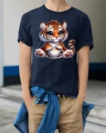 Cute Tiger Coffee Lover Funny Animal Graphic T Shirt Design - model wearing navy tee with hands in pockets