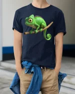 Cute Chameleon Branch Sitting Funny Animal Graphic T Shirt - model wearing navy tee with hands in pockets