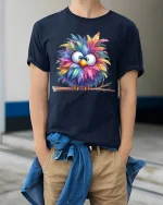 Colorful Fluffy Owl Cartoon Art Cute Animal Graphic T Shirt - model wearing navy tee with hands in pockets