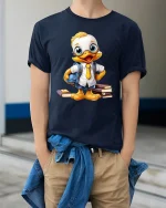 Cute Smart Duck Student Cartoon Illustration Funny Graphic T Shirt - model wearing navy tee with hands in pockets