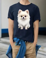 Adorable Fluffy Pomeranian Puppy Illustration Cute Graphic T Shirt - model wearing navy tee with hands in pockets