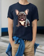 Adorable French Bulldog Puppy Illustration Cute Dog Graphic T Shirt - model wearing navy tee with hands in pockets