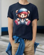 Cute Hip Hop Teddy Bear T Shirt With Headphones Street Style - model wearing navy tee with hands in pockets