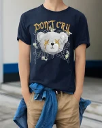 Dont Cry Money Teddy Bear T Shirt With Bold Street Attitude - model wearing navy tee with hands in pockets