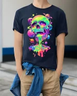 Psychedelic Cosmic Skull Graphic T Shirt With Trippy Galaxy Art - model wearing navy tee with hands in pockets