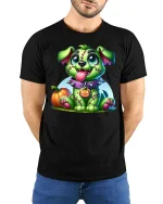 Cute Zombie Puppy Halloween T Shirt With Stitched Monster Dog Art - model wearing black tee with hands behind back