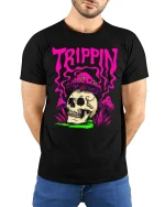 Trippin Skull Mushroom Psychedelic Graphic T Shirt Art - model wearing black tee with hands behind back