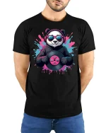 Cool Panda DJ Vinyl Graphic T Shirt With Music Vibes - model wearing black tee with hands behind back
