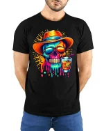 Colorful Summer Skull Cocktail Graphic T Shirt With Chill Vibes - model wearing black tee with hands behind back
