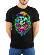 Neon Street Skull Graphic T Shirt With Bold Urban Art Vibes - model wearing black tee with hands behind back