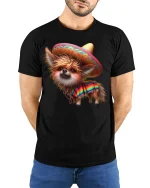 Cute Sombrero Dog Graphic T Shirt With Colorful Fiesta Style - model wearing black tee with hands behind back