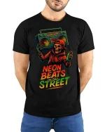Neon Beats On The Street Skeleton Graphic T Shirt Street Art - model wearing black tee with hands behind back