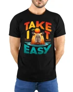 Take It Easy Capybara Relaxed Funny Graphic T Shirt Design - model wearing black tee with hands behind back