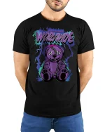 Purple Worrmude Teddy Horror T Shirt With Stitched Creepy Art - model wearing black tee with hands behind back